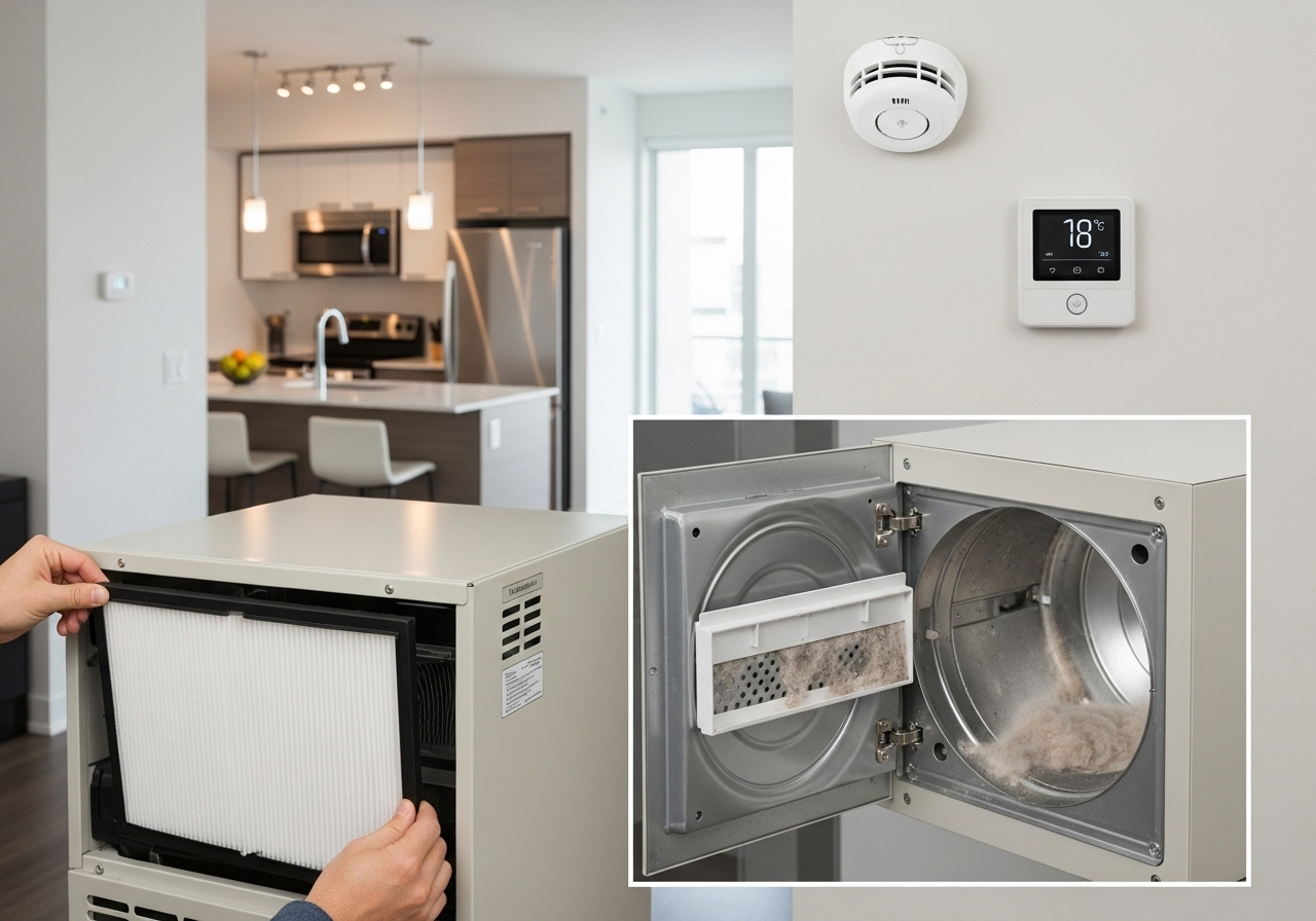 Condominium unit interior showing HVAC filter, dryer vent, and maintenance items